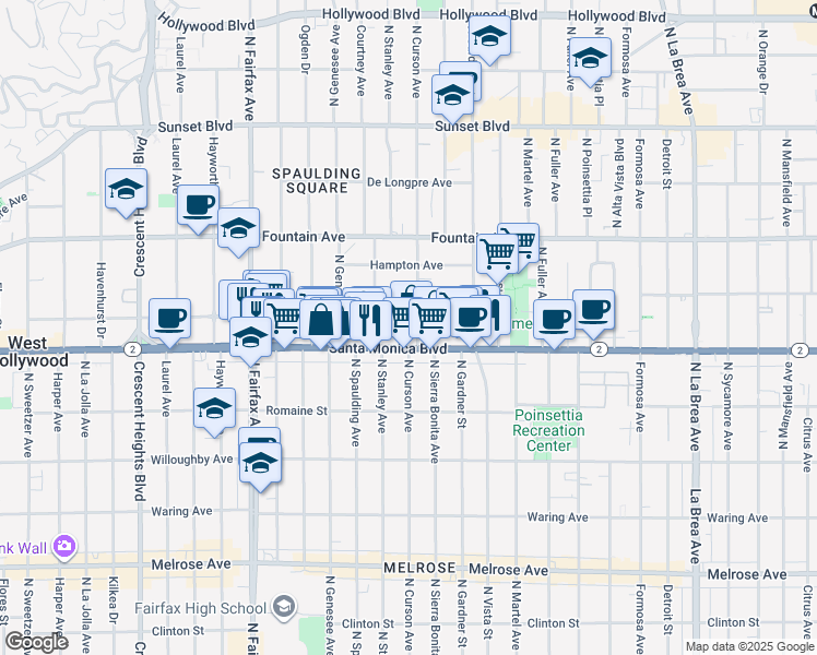 map of restaurants, bars, coffee shops, grocery stores, and more near 7606 Norton Avenue in West Hollywood