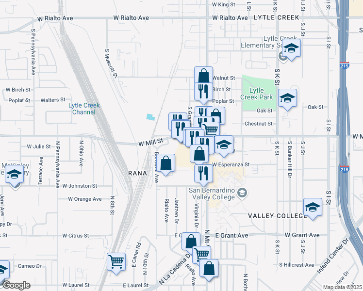 map of restaurants, bars, coffee shops, grocery stores, and more near 1353 West Mill Street in San Bernardino
