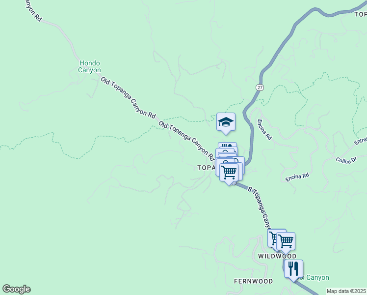 map of restaurants, bars, coffee shops, grocery stores, and more near 2256 Monte Vista Drive in Topanga