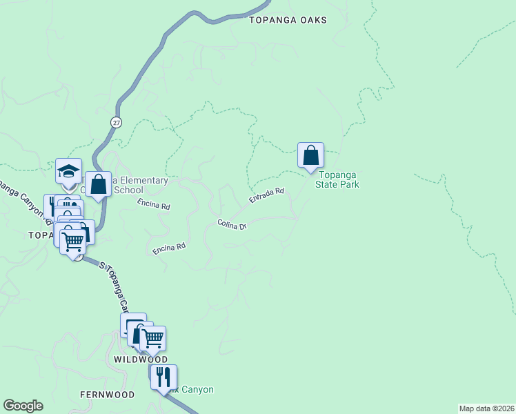 map of restaurants, bars, coffee shops, grocery stores, and more near 21042 Entrada Road in Topanga