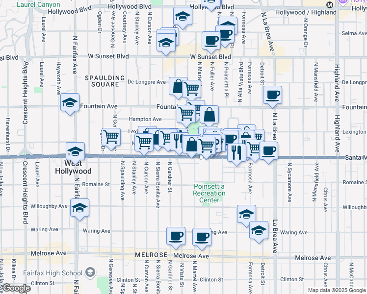 map of restaurants, bars, coffee shops, grocery stores, and more near 2 North Vista Street in Los Angeles