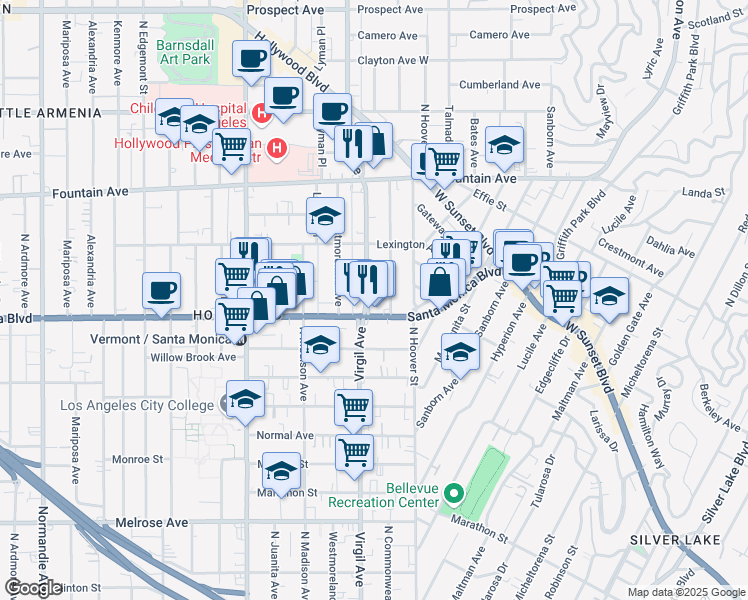 map of restaurants, bars, coffee shops, grocery stores, and more near 1139 North Virgil Avenue in Los Angeles