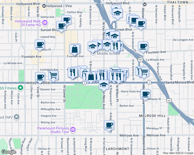 map of restaurants, bars, coffee shops, grocery stores, and more near 5832 Virginia Avenue in Los Angeles
