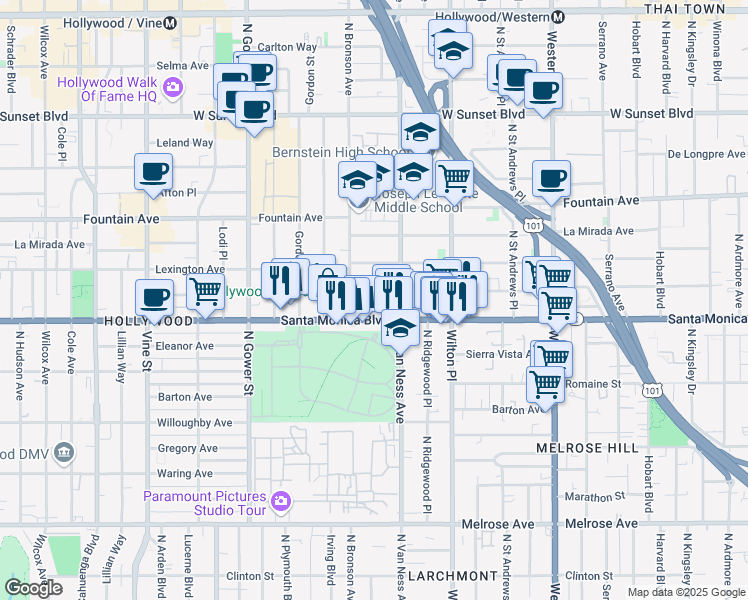 map of restaurants, bars, coffee shops, grocery stores, and more near 5832 Virginia Avenue in Los Angeles