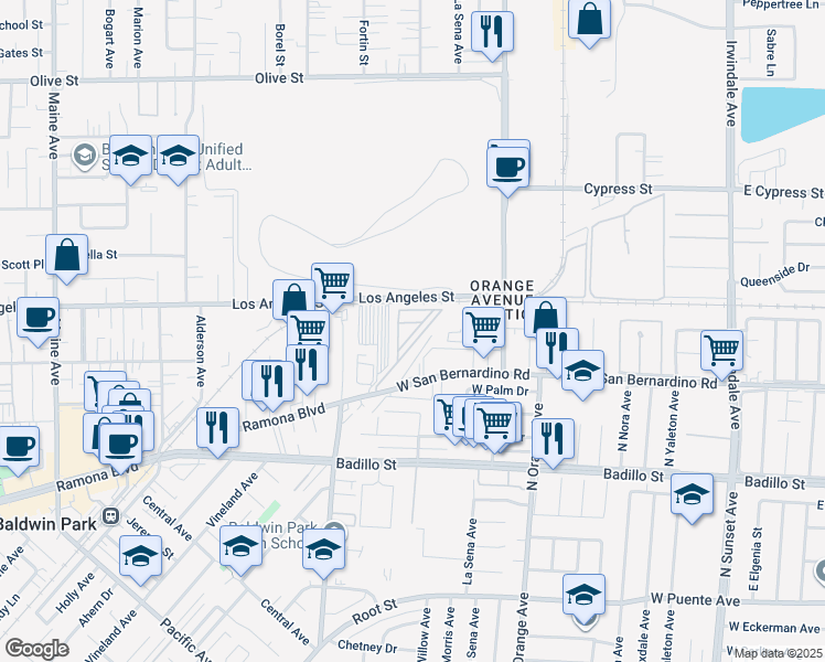 map of restaurants, bars, coffee shops, grocery stores, and more near 2131 West San Bernardino Road in West Covina