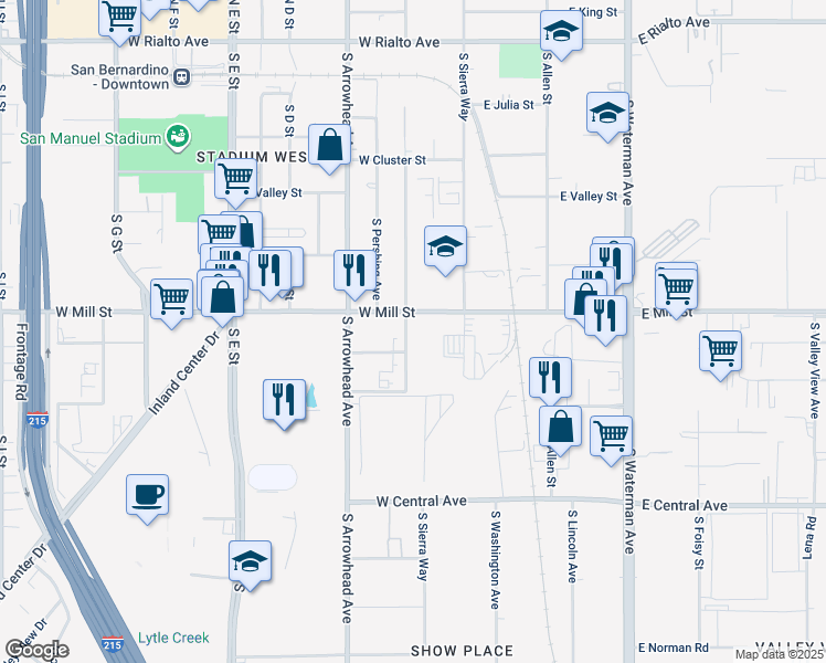 map of restaurants, bars, coffee shops, grocery stores, and more near 161 West Mill Street in San Bernardino