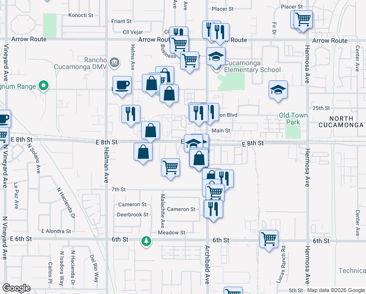 map of restaurants, bars, coffee shops, grocery stores, and more near 9605 East 8th Street in Rancho Cucamonga