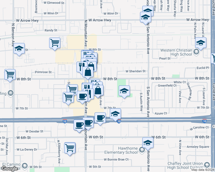 map of restaurants, bars, coffee shops, grocery stores, and more near 211 Grayson Way in Upland