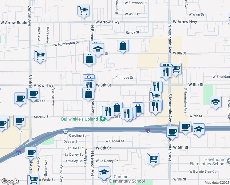 map of restaurants, bars, coffee shops, grocery stores, and more near 1500 West 8th Street in Upland
