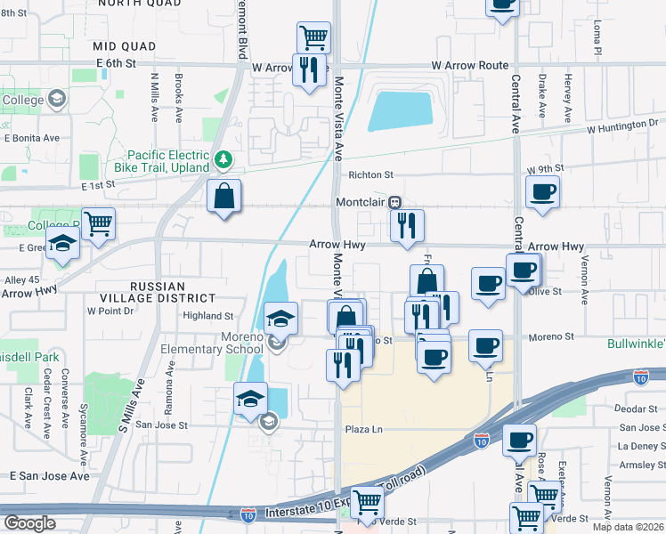 map of restaurants, bars, coffee shops, grocery stores, and more near 4861 East Arrow Highway in Montclair