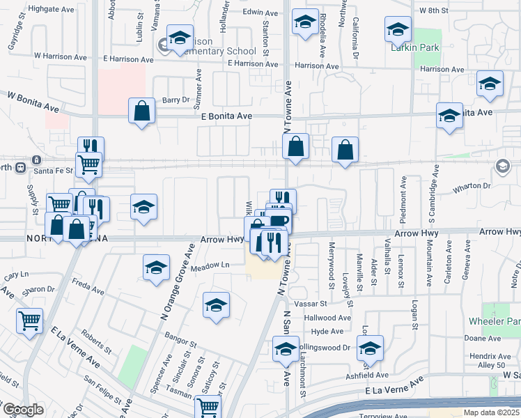 map of restaurants, bars, coffee shops, grocery stores, and more near 721 Ivory Lane in Pomona