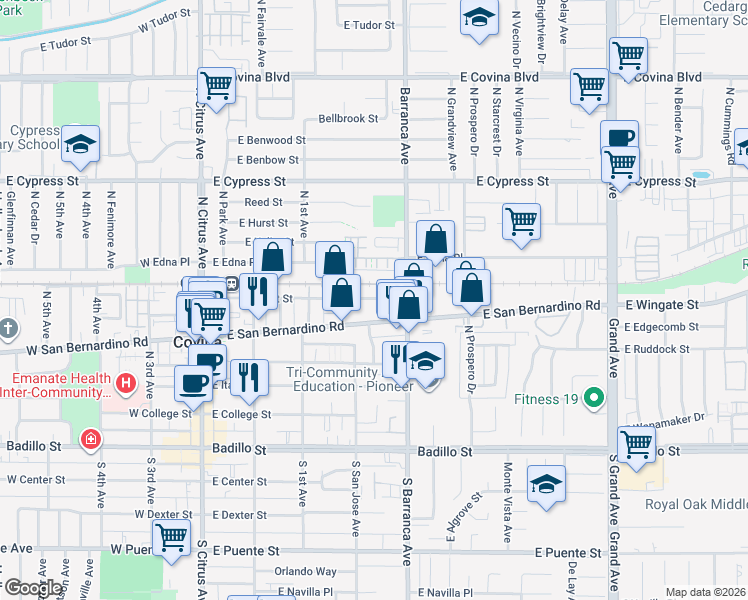 map of restaurants, bars, coffee shops, grocery stores, and more near 639 Barranca Avenue in Covina