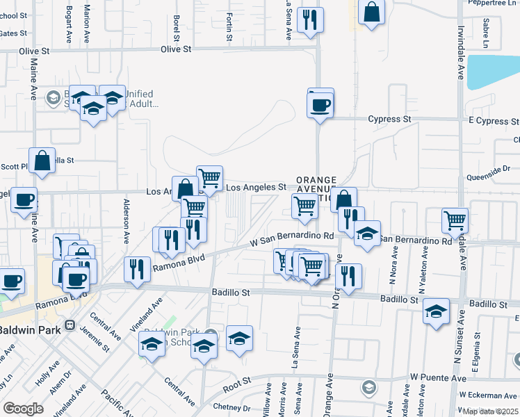 map of restaurants, bars, coffee shops, grocery stores, and more near 15310 Los Angeles Street in Baldwin Park