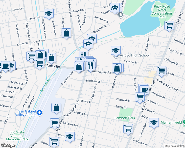 map of restaurants, bars, coffee shops, grocery stores, and more near 11010 Lower Azusa Road in El Monte