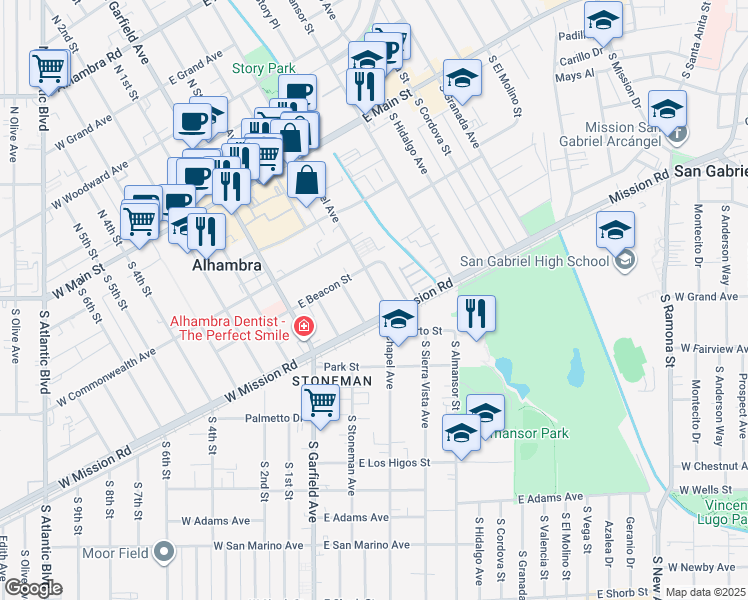 map of restaurants, bars, coffee shops, grocery stores, and more near 415 South Chapel Avenue in Alhambra