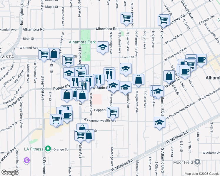 map of restaurants, bars, coffee shops, grocery stores, and more near 1811 West Main Street in Alhambra