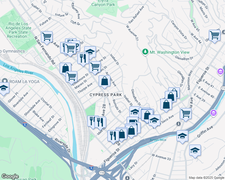 map of restaurants, bars, coffee shops, grocery stores, and more near 3340 Merced Street in Los Angeles
