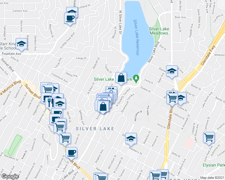 map of restaurants, bars, coffee shops, grocery stores, and more near 1842 Westerly Terrace in Los Angeles