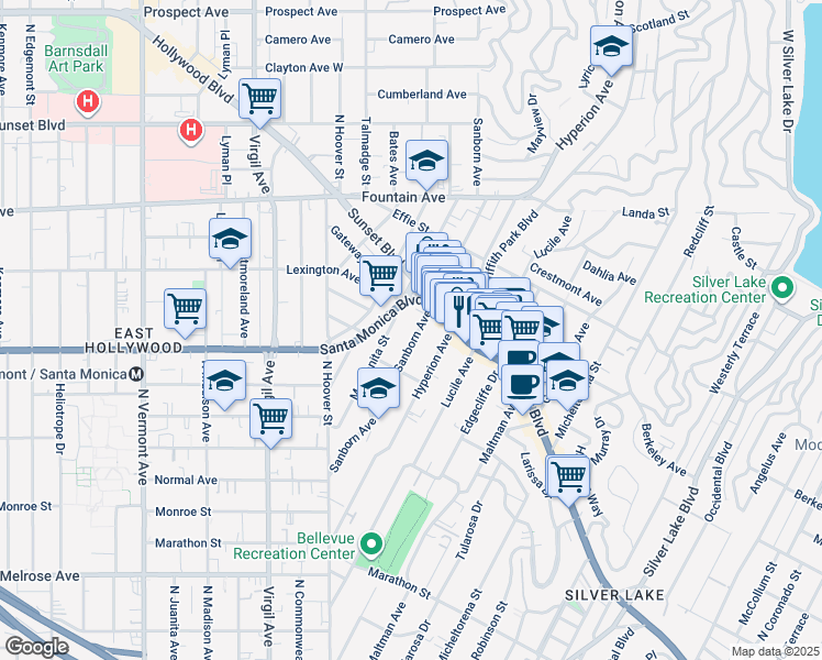 map of restaurants, bars, coffee shops, grocery stores, and more near 1071 Manzanita Street in Los Angeles