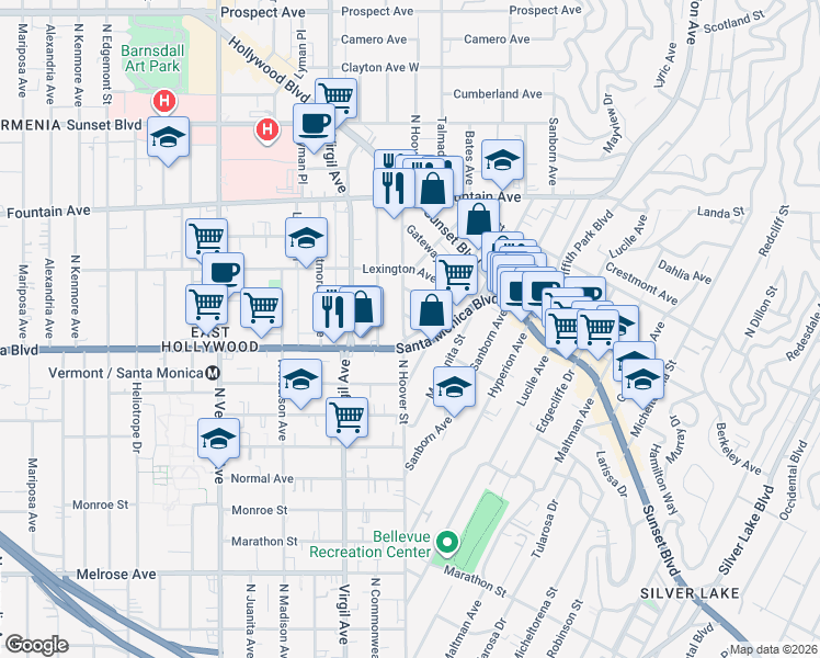 map of restaurants, bars, coffee shops, grocery stores, and more near 4225 Del Mar Avenue in Los Angeles