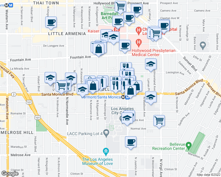map of restaurants, bars, coffee shops, grocery stores, and more near 1138 North Heliotrope Drive in Los Angeles