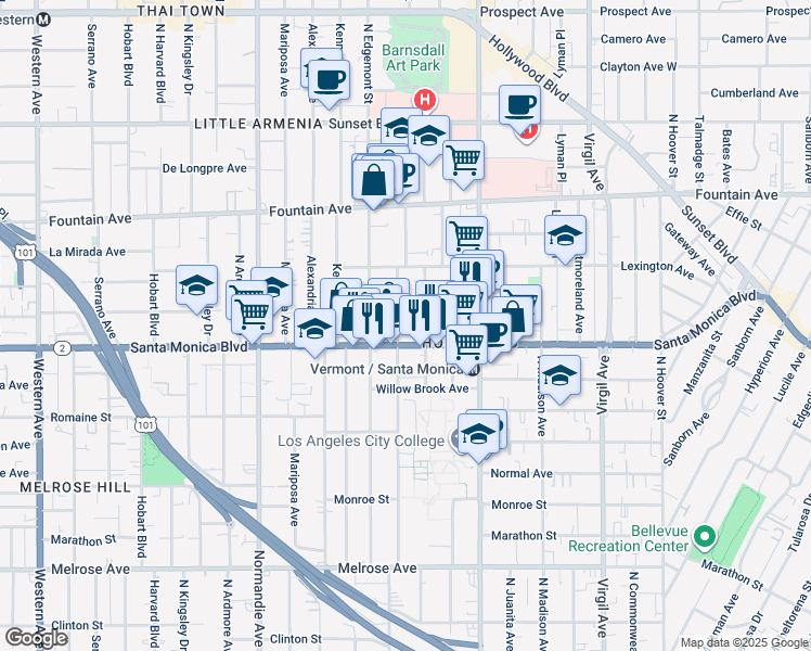 map of restaurants, bars, coffee shops, grocery stores, and more near 1138 North Heliotrope Drive in Los Angeles