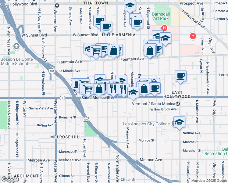 map of restaurants, bars, coffee shops, grocery stores, and more near 1137 North Normandie Avenue in Los Angeles