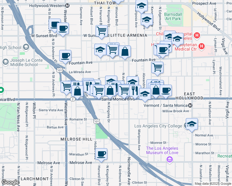 map of restaurants, bars, coffee shops, grocery stores, and more near 1152 North Kingsley Drive in Los Angeles