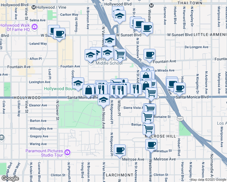 map of restaurants, bars, coffee shops, grocery stores, and more near 5707 Virginia Avenue in Los Angeles