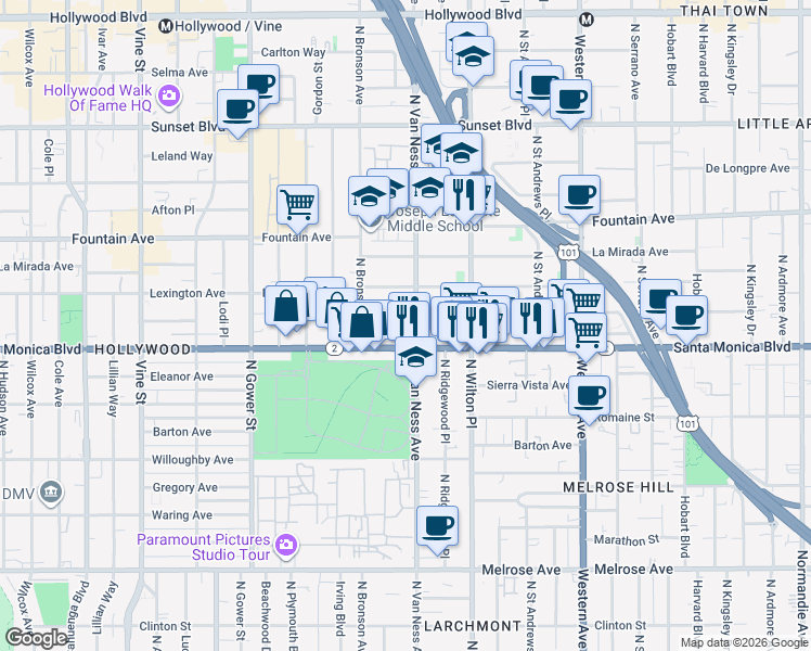 map of restaurants, bars, coffee shops, grocery stores, and more near 5753 Virginia Avenue in Los Angeles