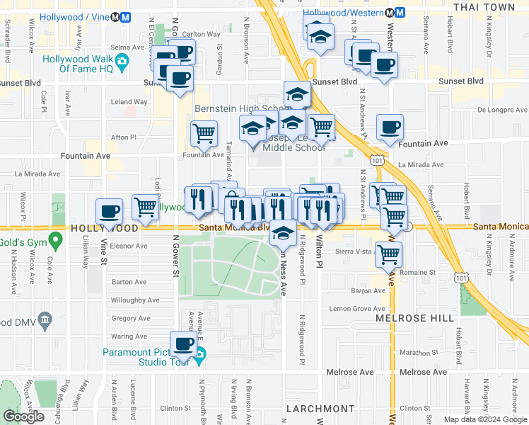 map of restaurants, bars, coffee shops, grocery stores, and more near 5831 Virginia Avenue in Los Angeles