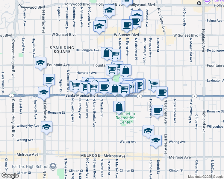 map of restaurants, bars, coffee shops, grocery stores, and more near 1140 North Vista Street in West Hollywood