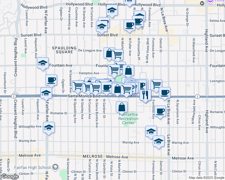 map of restaurants, bars, coffee shops, grocery stores, and more near 1140 North Vista Street in West Hollywood