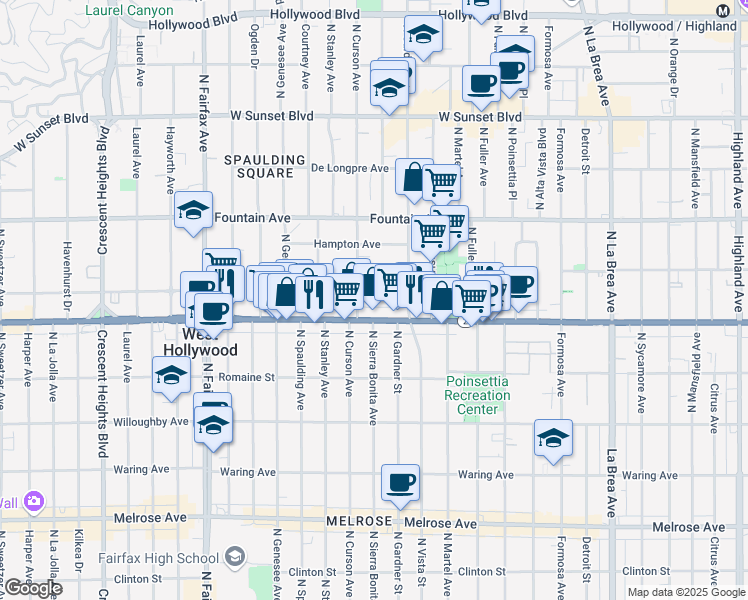 map of restaurants, bars, coffee shops, grocery stores, and more near 7551 Norton Avenue in West Hollywood