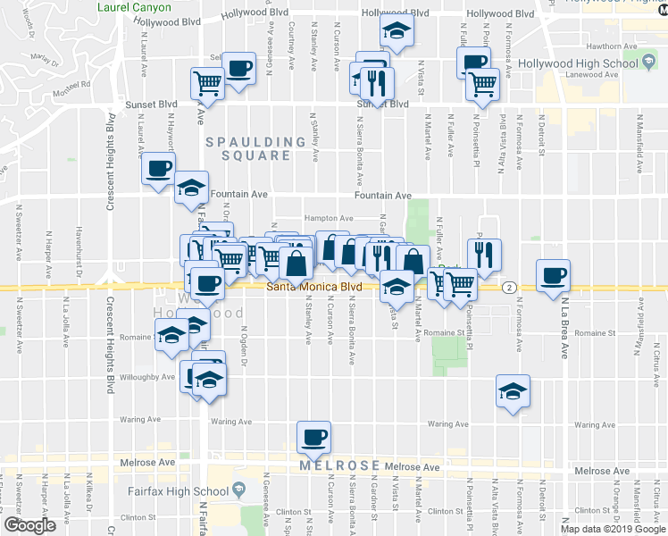 map of restaurants, bars, coffee shops, grocery stores, and more near 7551 Norton Avenue in West Hollywood