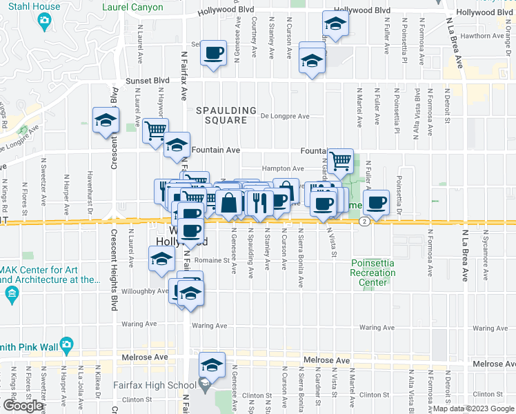 map of restaurants, bars, coffee shops, grocery stores, and more near 7725 Norton Avenue in West Hollywood