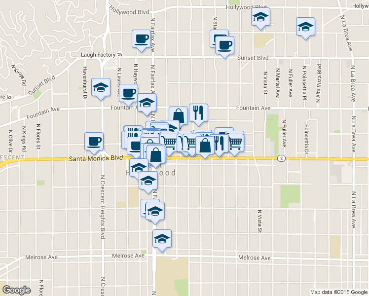 map of restaurants, bars, coffee shops, grocery stores, and more near 1136 North Ogden Drive in West Hollywood