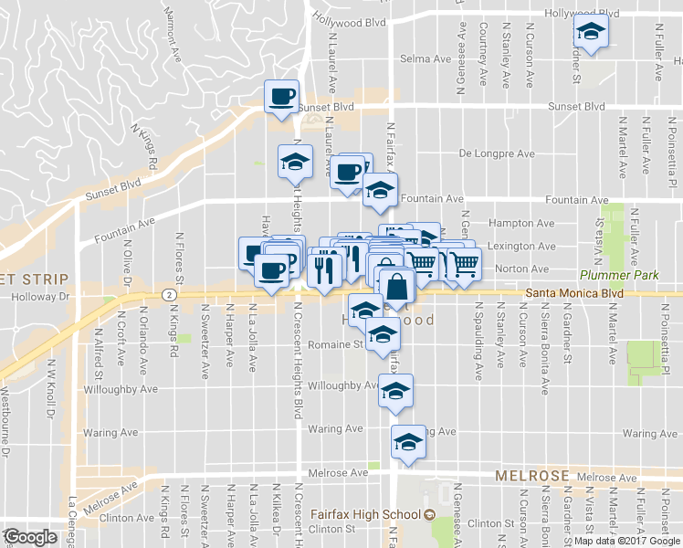 map of restaurants, bars, coffee shops, grocery stores, and more near 7955 Norton Avenue in West Hollywood