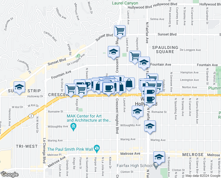 map of restaurants, bars, coffee shops, grocery stores, and more near 8109 1/2 Norton Avenue in West Hollywood