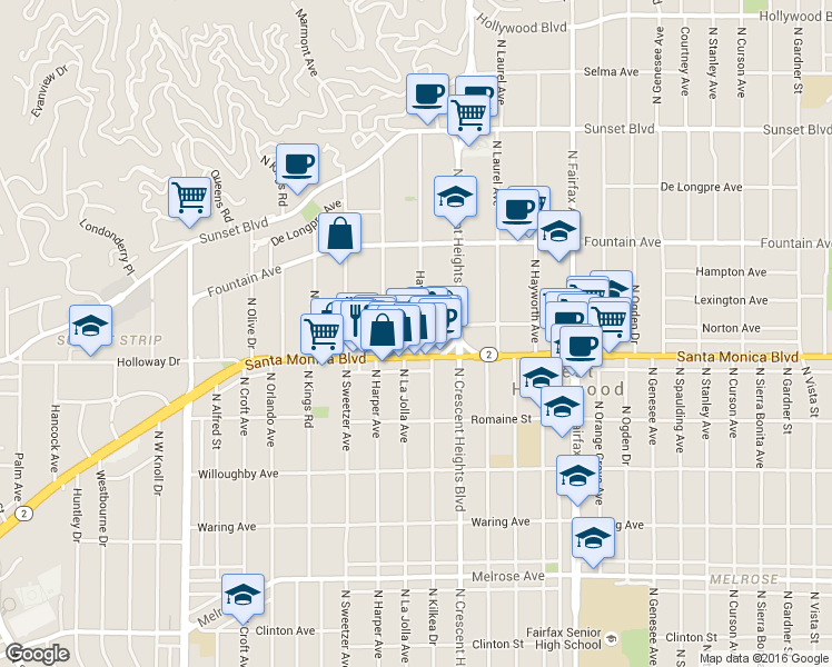 map of restaurants, bars, coffee shops, grocery stores, and more near 8213 Norton Avenue in West Hollywood