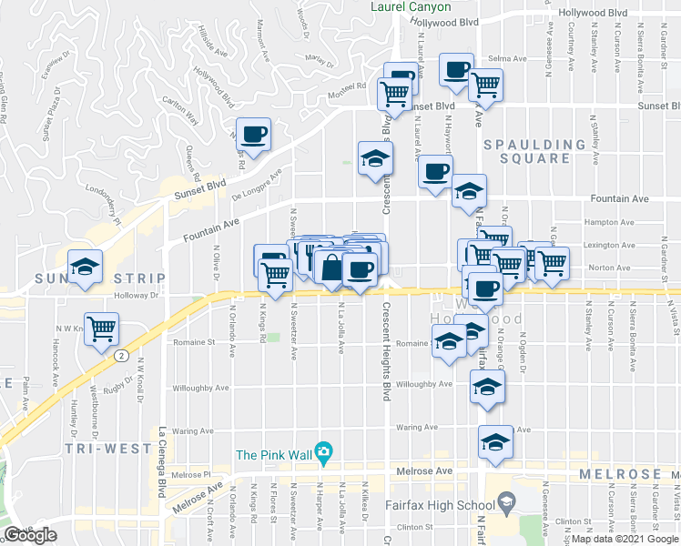 map of restaurants, bars, coffee shops, grocery stores, and more near 8213 Norton Avenue in West Hollywood