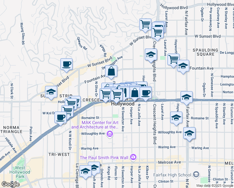 map of restaurants, bars, coffee shops, grocery stores, and more near 1210 North Flores Street in West Hollywood