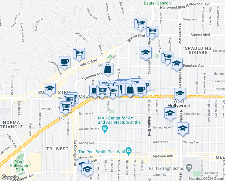 map of restaurants, bars, coffee shops, grocery stores, and more near 1210 North Flores Street in West Hollywood