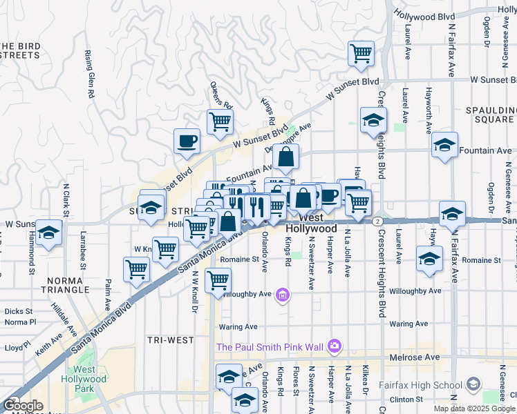 map of restaurants, bars, coffee shops, grocery stores, and more near 1206 North Olive Drive in West Hollywood