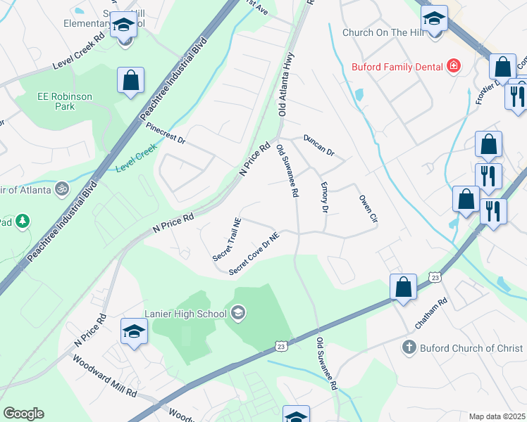 map of restaurants, bars, coffee shops, grocery stores, and more near 1192 Secret Trail Northeast in Sugar Hill