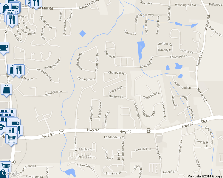 map of restaurants, bars, coffee shops, grocery stores, and more near 720 Ivory Trail in Woodstock