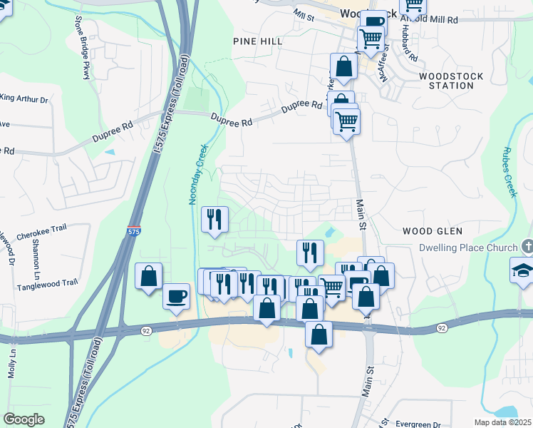 map of restaurants, bars, coffee shops, grocery stores, and more near 1010 Fendley Street in Woodstock