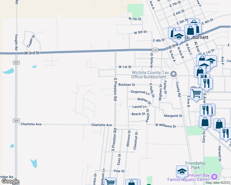 map of restaurants, bars, coffee shops, grocery stores, and more near 112-198 South Preston Road in Burkburnett
