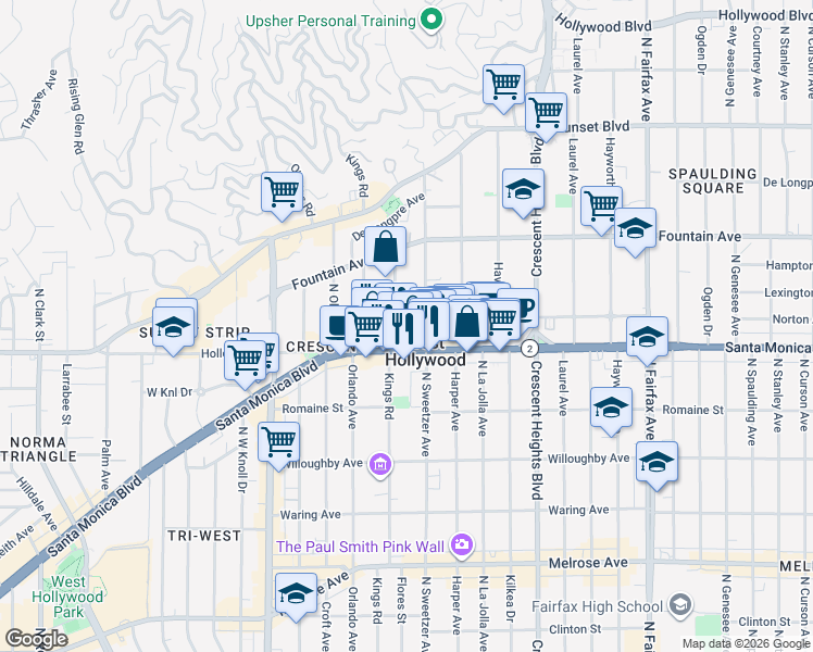 map of restaurants, bars, coffee shops, grocery stores, and more near 1210 North Flores Street in West Hollywood