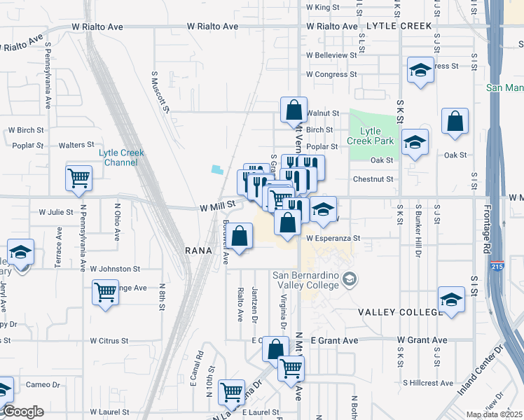 map of restaurants, bars, coffee shops, grocery stores, and more near 1353 West Mill Street in San Bernardino